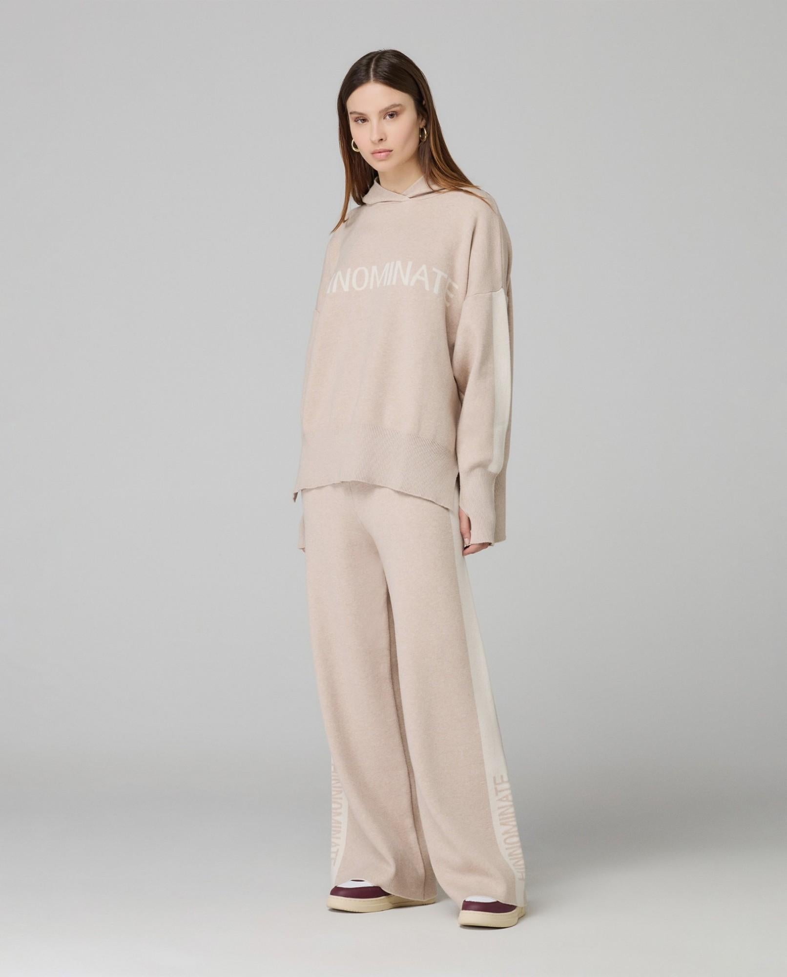 PANTALONE DONNA IN MAGLIA PALAZZO BICOLORE BEGE SAND HINNOMINATE HMABW02131 BEIGE SAND HINNOMINATE