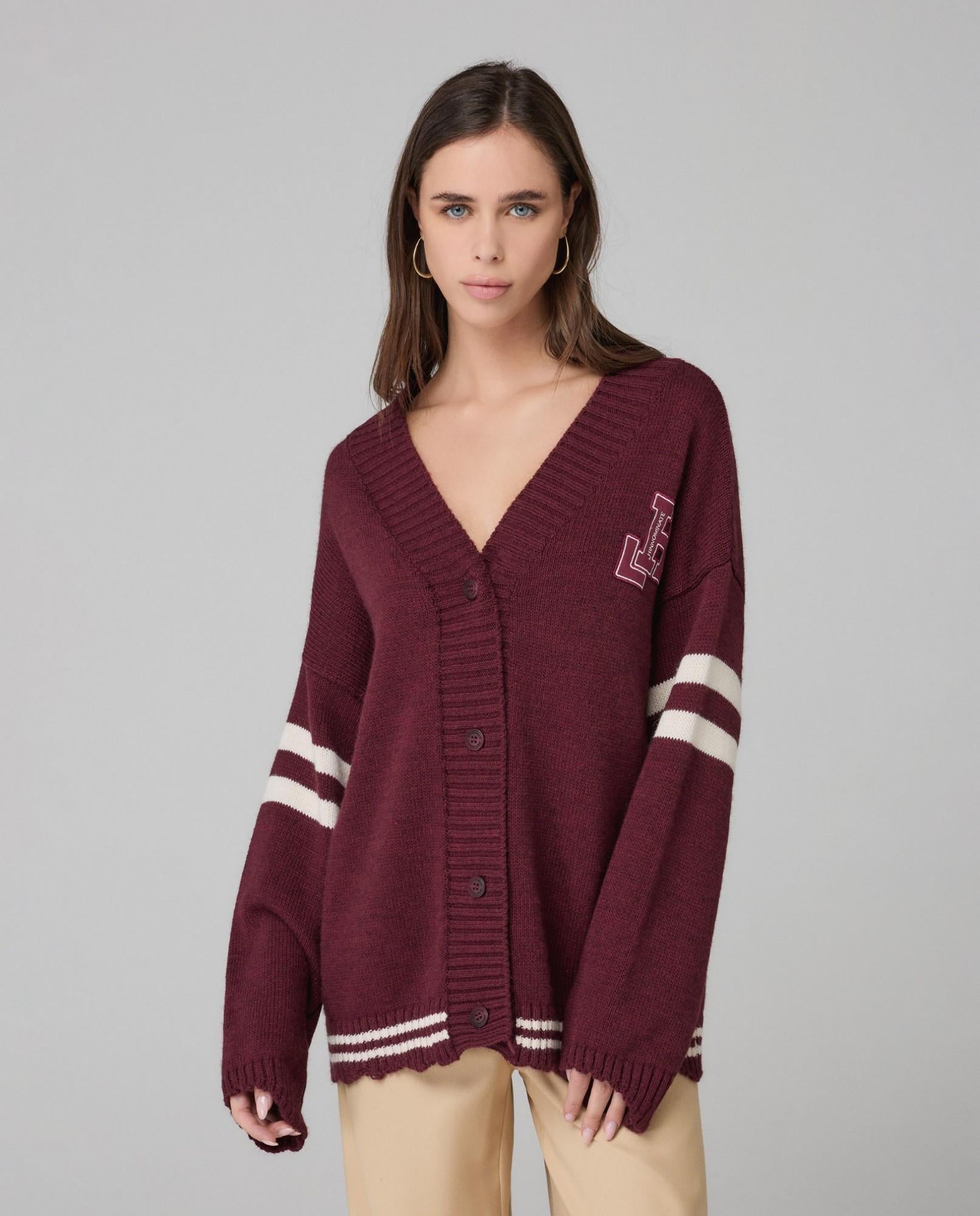 CARDIGAN DONNA IN LANA CON BANDA A CONTRASTO BORDEAUX HINNOMINATE HMABW02087 BORDEAUX HINNOMINATE