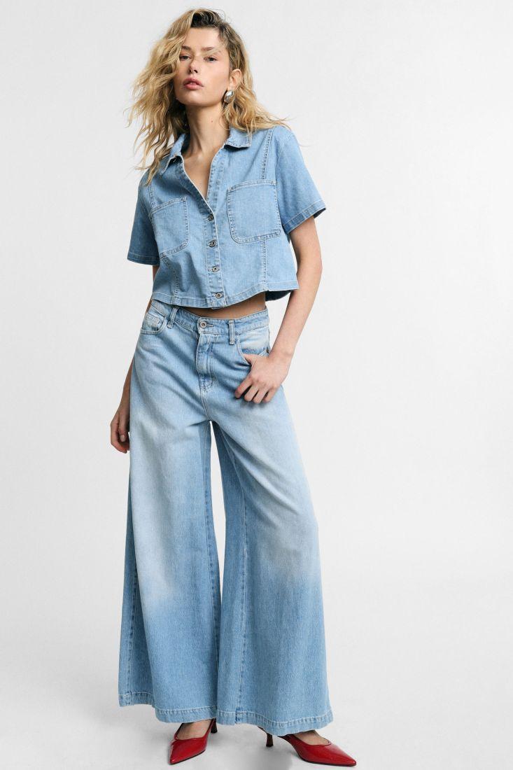 jeans donna a gamba ampia a vita alta denim please P3J9CQZPHN BLU DENIM PLEASE