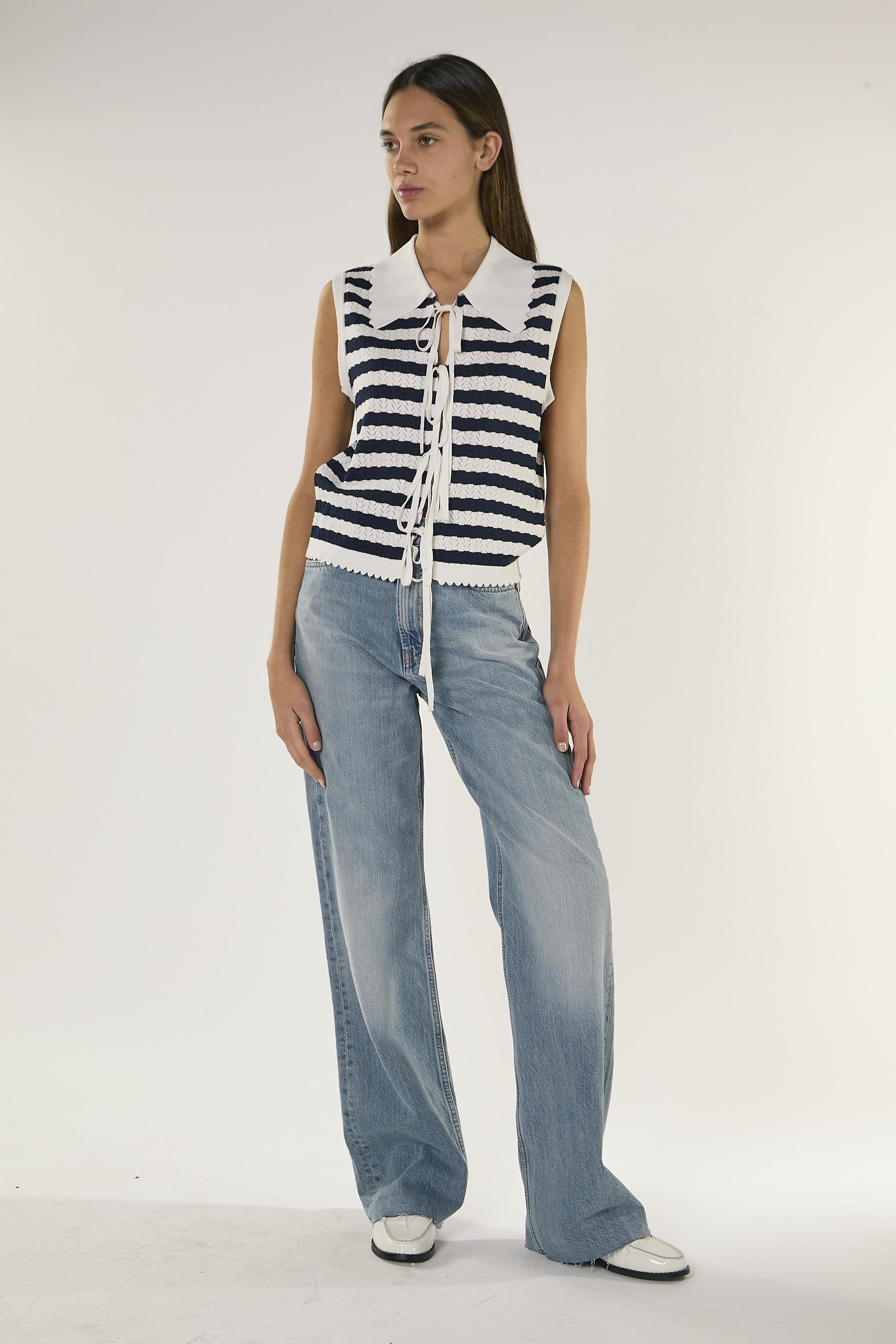 CANOTTA DONNA CON COLLETTO E STRINGHE BIANCO-BLU GLAMOROUS AN5586 NAVY/BIANCO GLAMOROUS