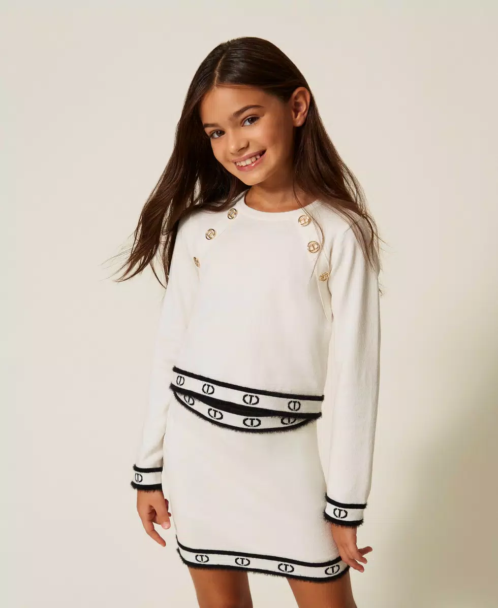GONNA BAMBINA IN MAGLI CON LOGO IN VITA E SUL FONDO NERA TWINSET 252GJ3072 BIANCO-NERO TWINSET KIDS