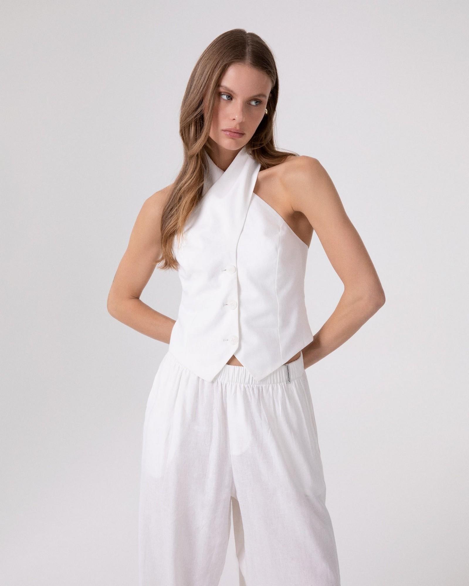 TOP DONNA IN LINO CON INCROCIO AL COLLO BIANCO HINNOMINATE HMABW02635 BIANCO HINNOMINATE