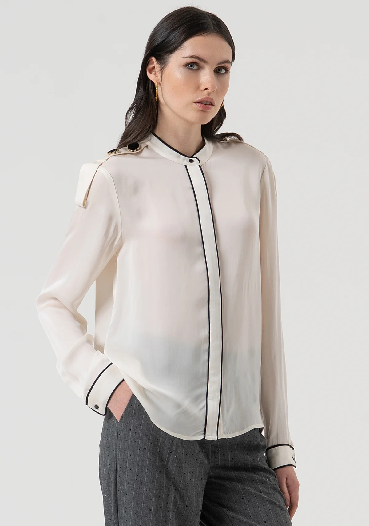 CAMICIA DONNA COREANA CON BOTTONI SULLE SPALLE E FINTONE CREAM FRACOMINA FR25WT6027W80701 CREAM FRACOMINA