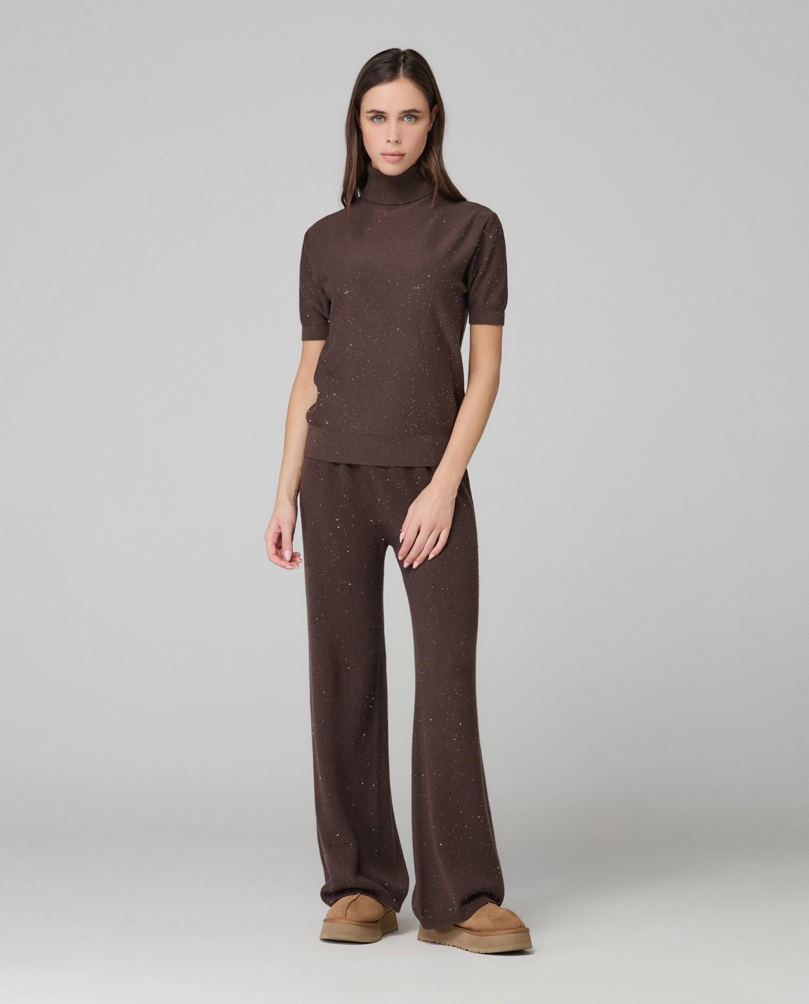 PANTALONE DONNA PALAZZO IN MAGLIA CON MICRO PAILETTES ALL INTERNO MORO HINNOMINATE HMABW02317 MORO HINNOMINATE