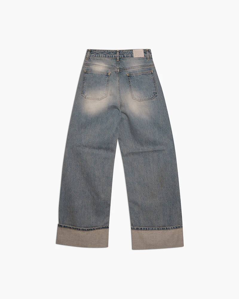 PANTALONE DONNA IN DENIM PALAZZO CON RISVOLTO SUL FONDO JIJIL PJ048 DENIM ACID JIJIL