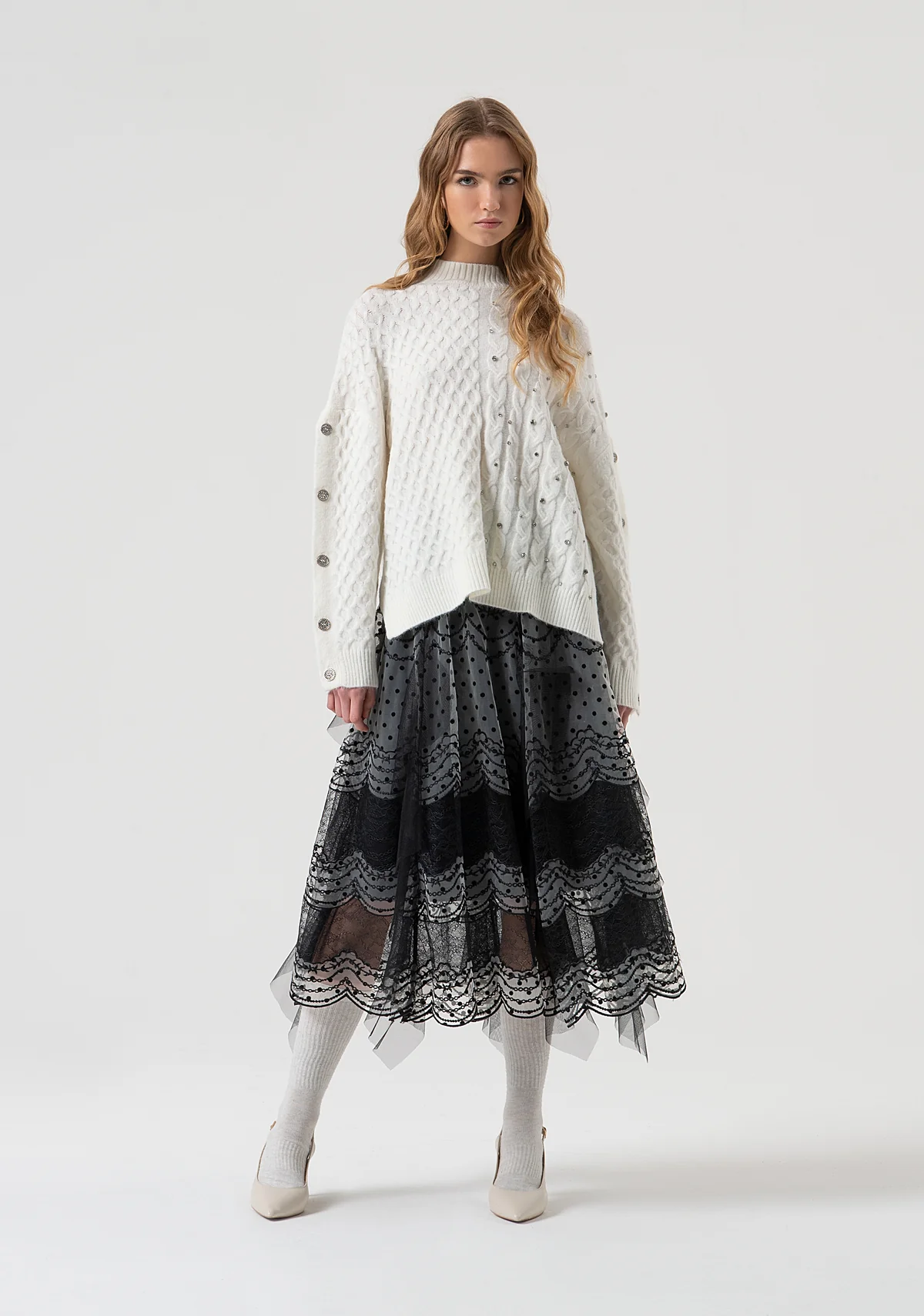 MAGLIA DONNA OVERSIZE CON STRASS APPLICATI CREAM FRACOMINA FR25WT7037K47101 CREAM FRACOMINA