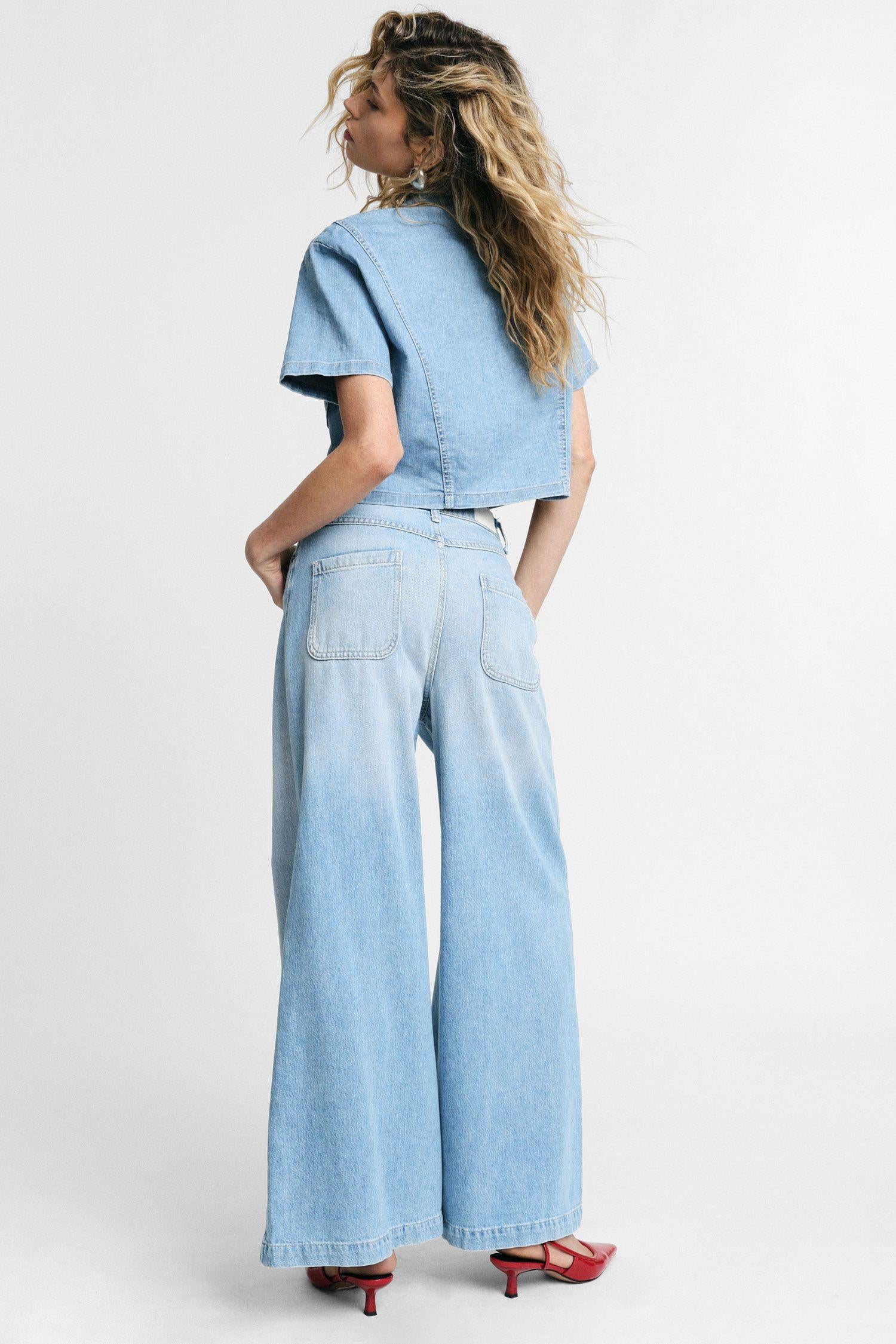 jeans donna a gamba ampia a vita alta denim please P3J9CQZPHN BLU DENIM PLEASE
