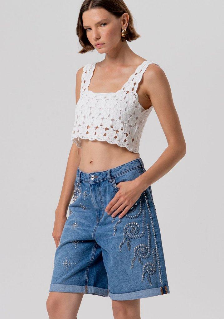 Bermuda DONNA flare in denim con lavaggio medio ed applicazioni luminose FRACOMINA FR26SV6025D419R9 DENIM FRACOMINA