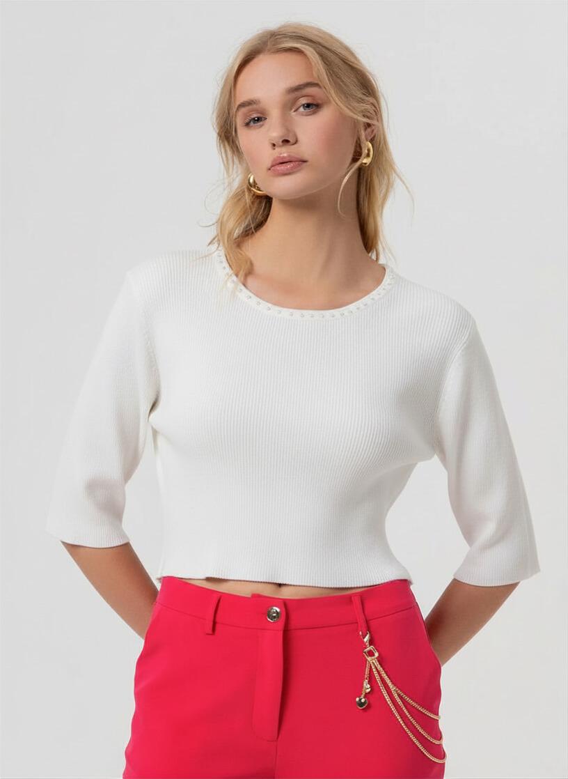 MAGLIA DONNA CROPPED A COSTINE CREMA FRACOMINA FR26ST7008K52401 CREMA FRACOMINA