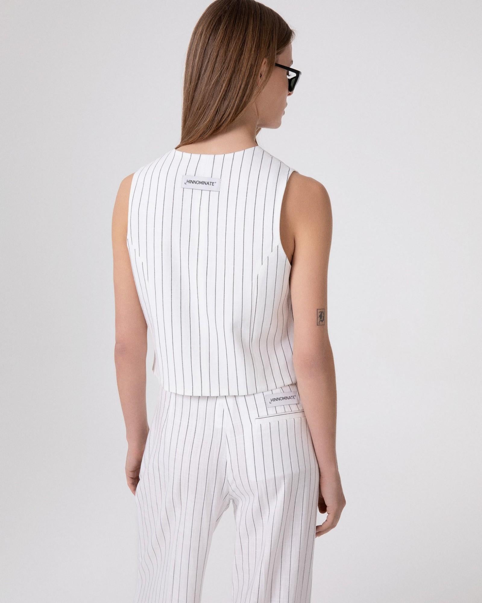 gilet donna con scollo ampio in lino gessato bianc hinnominate HMABW02653 BIANCO HINNOMINATE