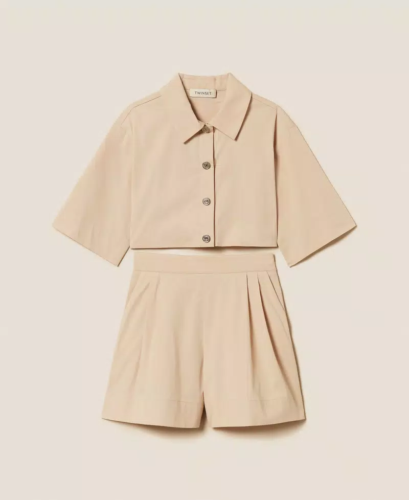 COORDINATO CAMICIA E SHORTS in popeline beige twinset 261GJ2014 SAFARI TWINSET KIDS