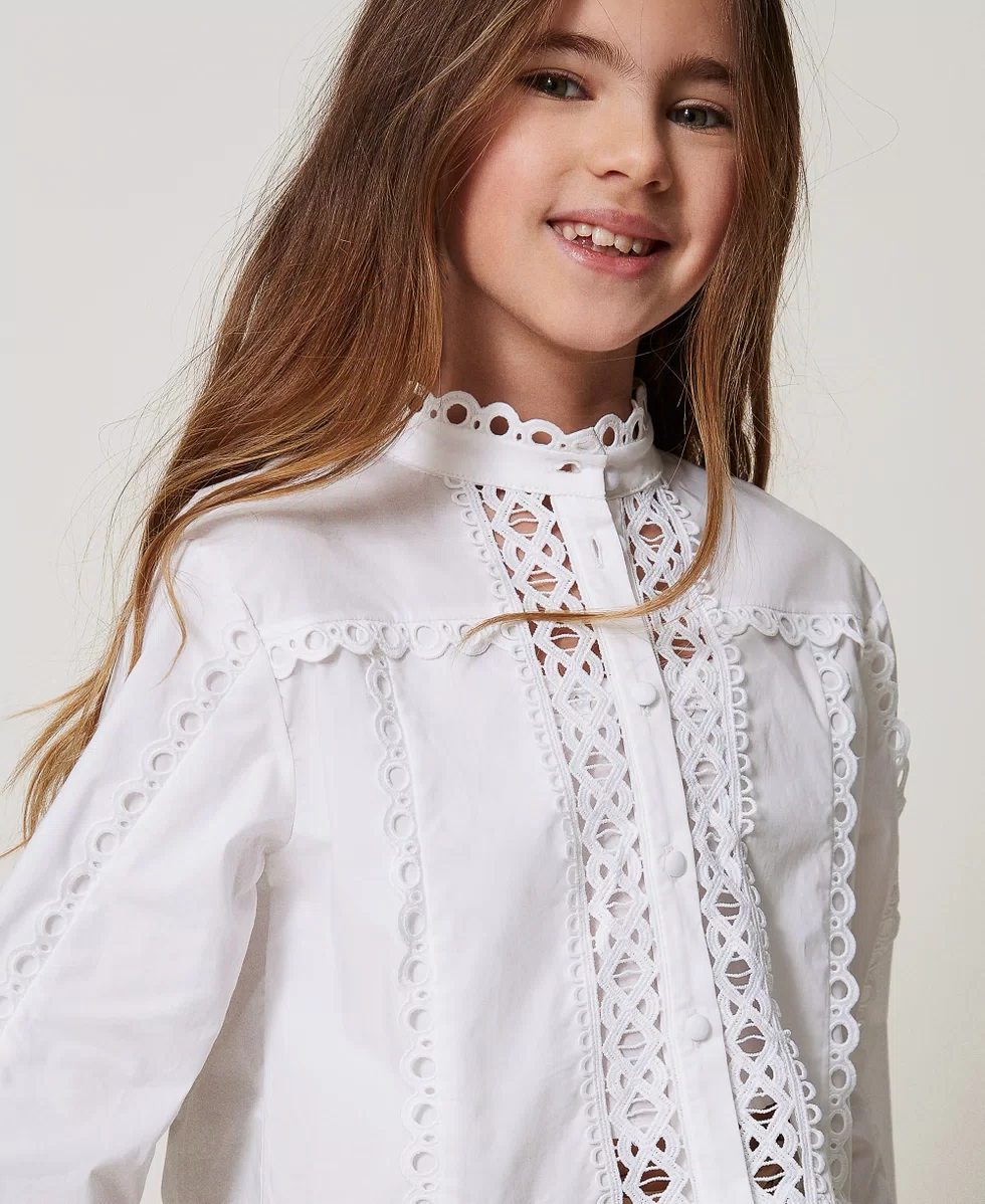 Camicia in popeline con ricamo intarsiato 251GJ2411 BIANCO TWINSET KIDS