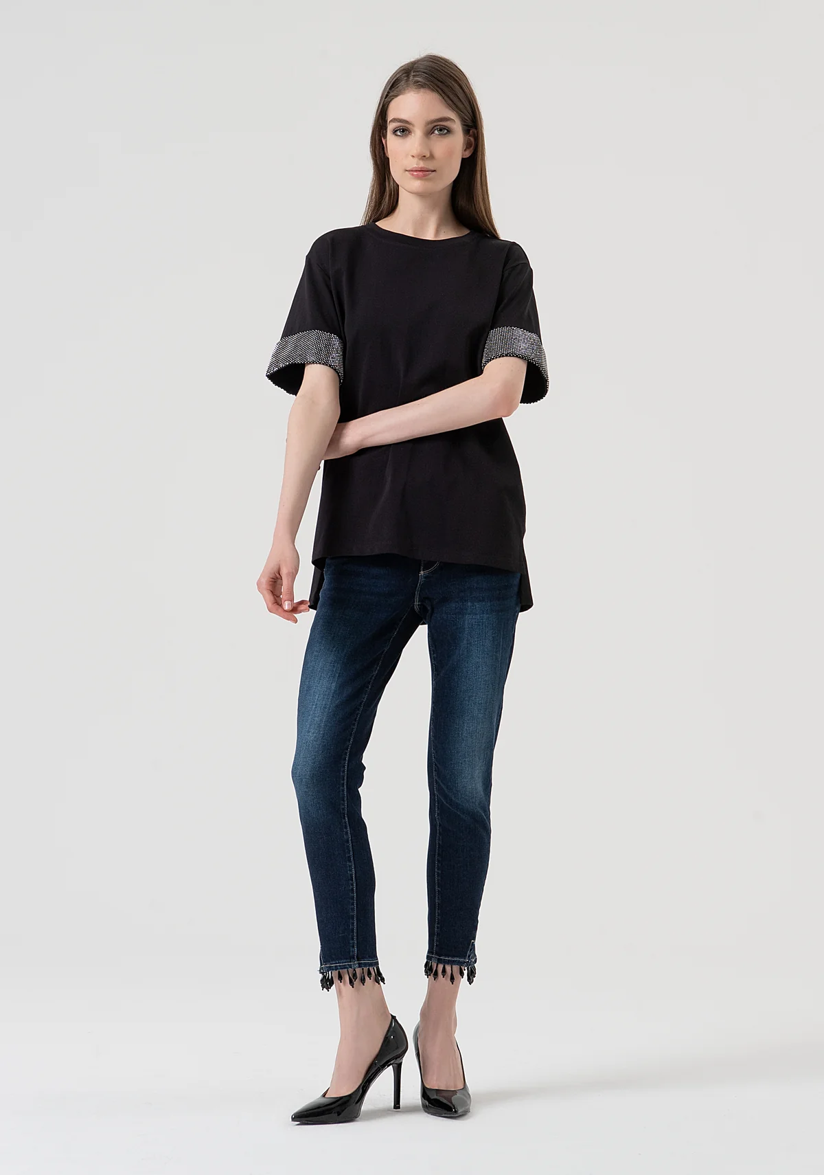 T-SHIRT DONNA OVER SIZE CON STRASS SULLE MANICHE NERA FRACOMINA FR25WT3057J400R9 BLACK FRACOMINA