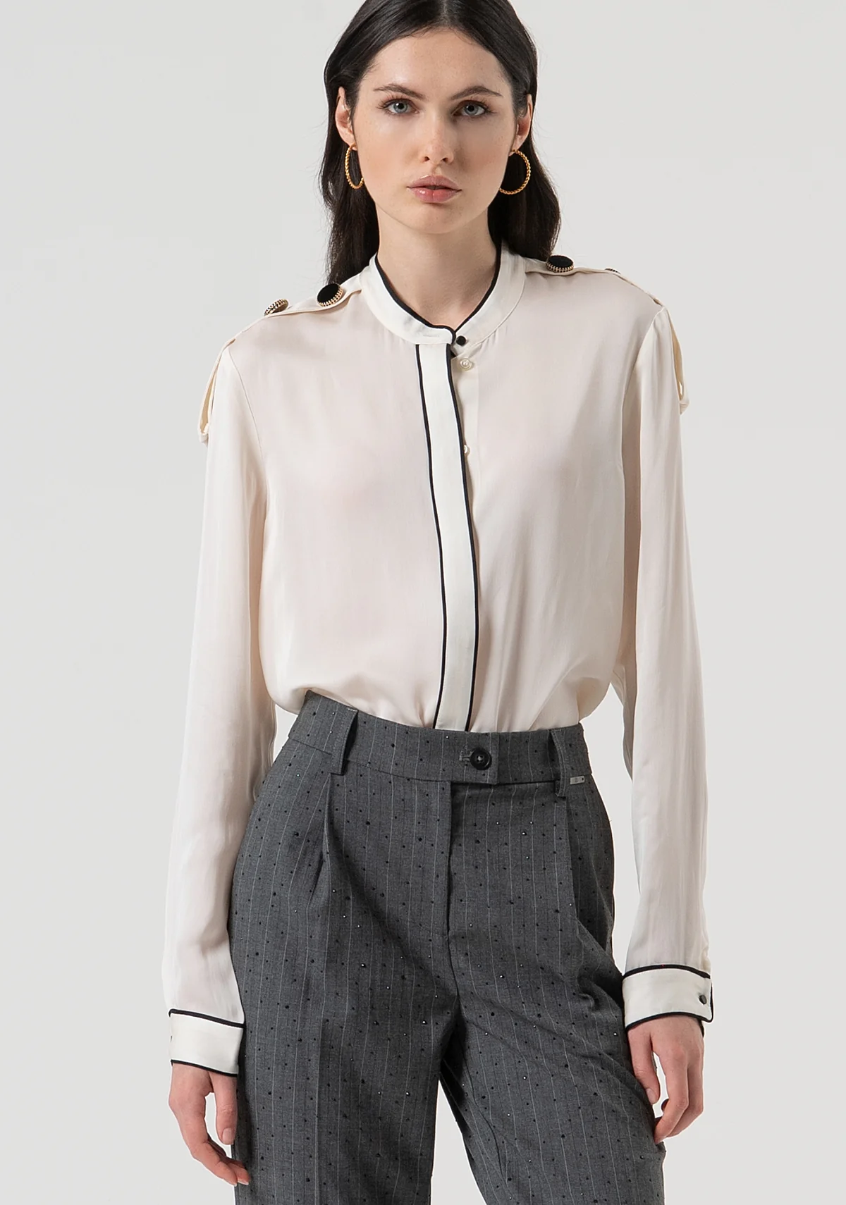 CAMICIA DONNA COREANA CON BOTTONI SULLE SPALLE E FINTONE CREAM FRACOMINA FR25WT6027W80701 CREAM FRACOMINA