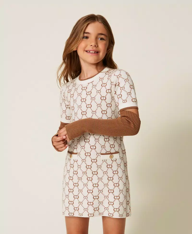 ABITO BAMBINA corto in maglia jacquard con manicotti PAPIRO TWINSET 253GJ3020 PAPIRO LOGO CAMEL TWINSET KIDS