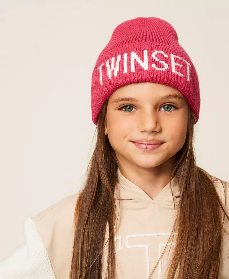 Berretto bambina in maglia rosa con logo Twinset 262GJ5015 CANDY ROSE TWINSET KIDS