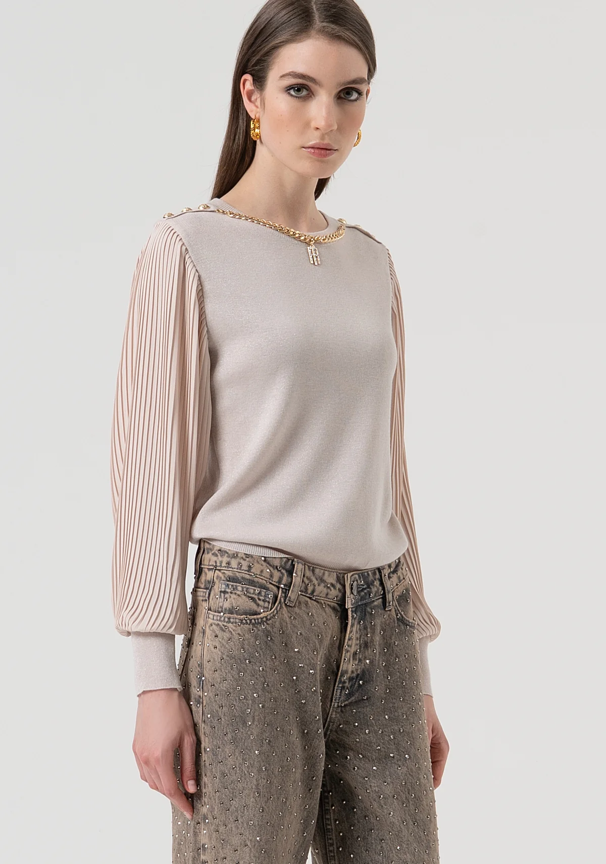 MAGLIA DONNA IN LUREX CON MANICHE IN PLISSE VANIGLIA FRACOMINA FR25WT7027K459Q7 VANILLA LUREX FRACOMINA