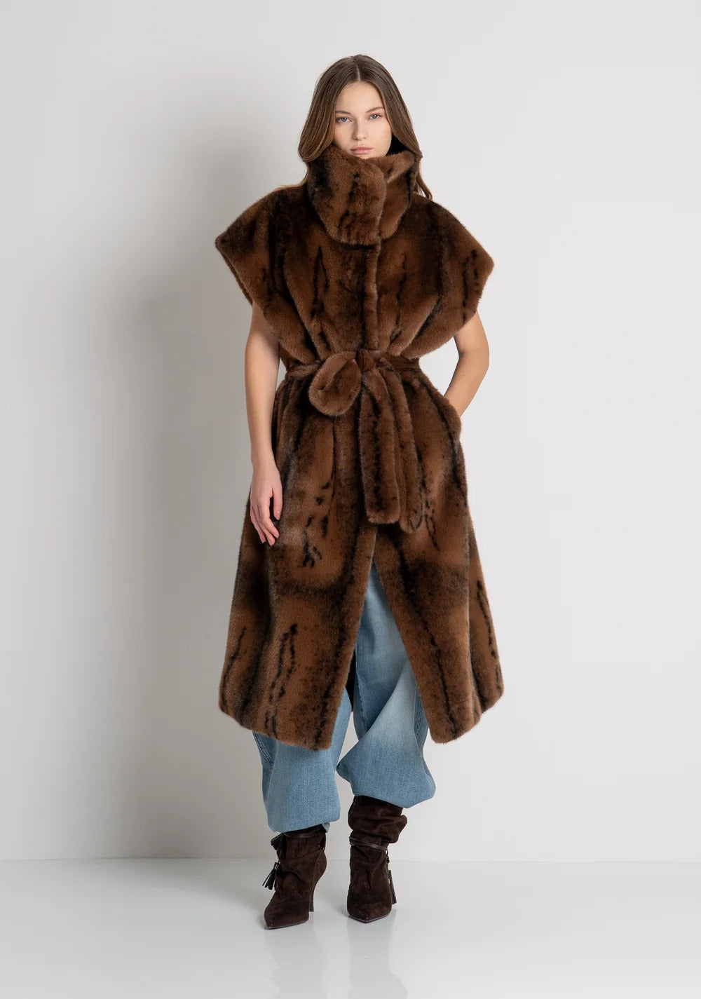 GILET DONNA ECOPELLICCIA LUNGA CON CINTURA MARRONE FRACOMINA FR26WC4009O44501-M57 MARRONE FRACOMINA 