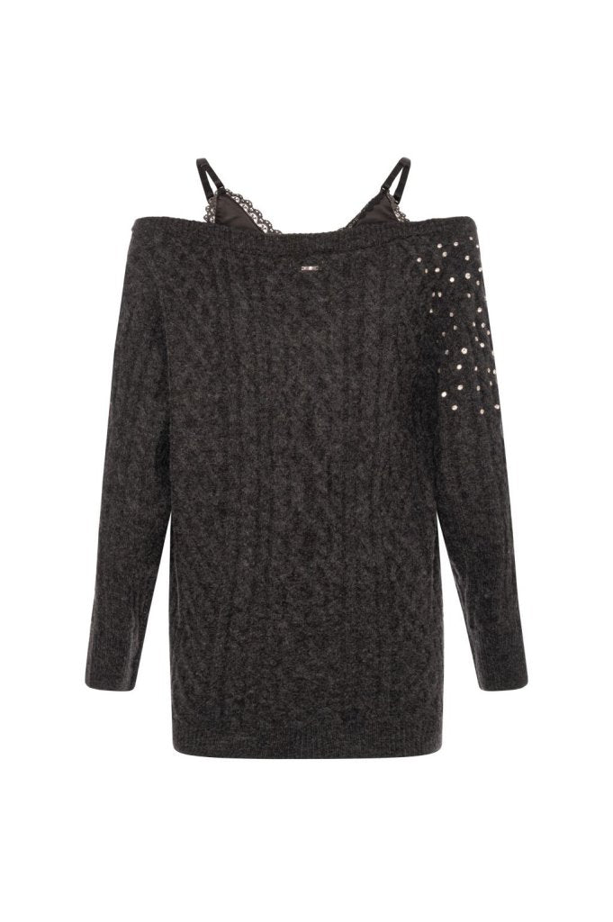 abito donna mini  in maglia con strass e spalline in pizzo grigio fracomina FR26WD5016K457R9 GRIGIO MELANGE FRACOMINA 