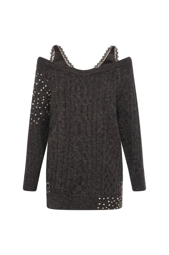 abito donna mini  in maglia con strass e spalline in pizzo grigio fracomina FR26WD5016K457R9 GRIGIO MELANGE FRACOMINA 