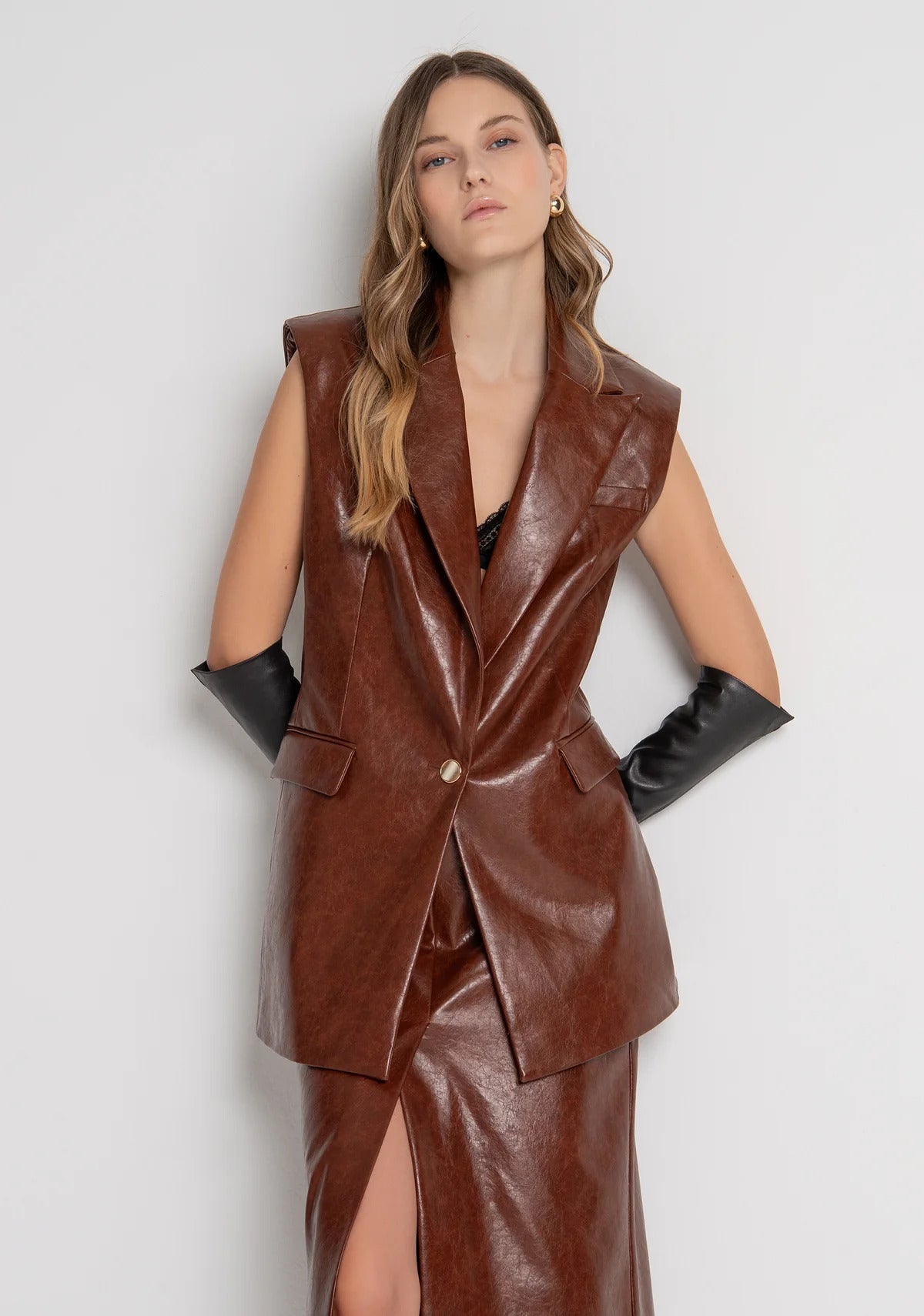 gilet donna in ecopelle lungo monopetto caffè fracomina FR26WJ5009P411L9 CAFFÈ FRACOMINA 