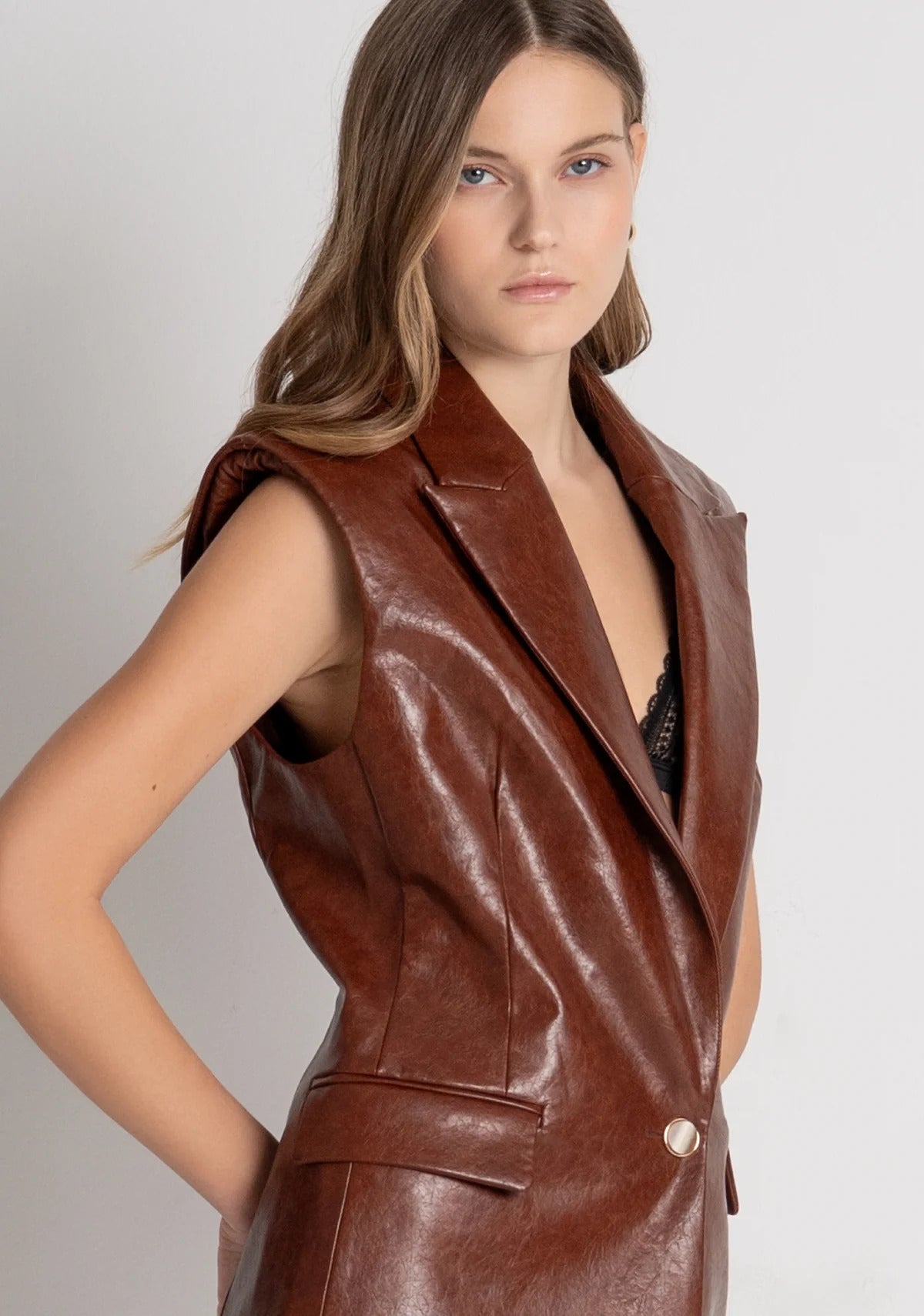 gilet donna in ecopelle lungo monopetto caffè fracomina FR26WJ5009P411L9 CAFFÈ FRACOMINA 