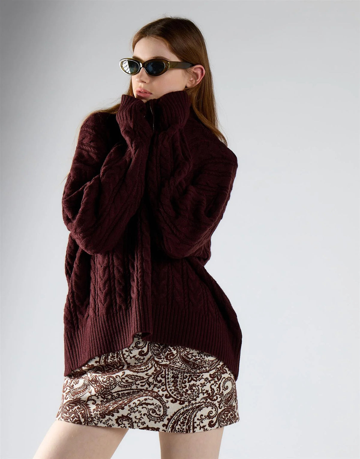 PULLOVER DONNA GIROCOLLO OVERSIZE A TRECCE BORDEAUX GLAMOROUS AN5955 OXBLOOD GLAMOROUS 