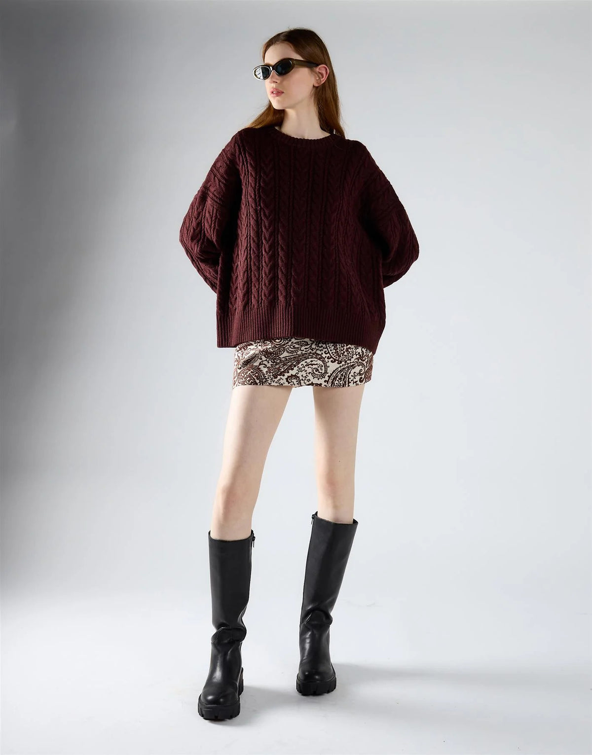 PULLOVER DONNA GIROCOLLO OVERSIZE A TRECCE BORDEAUX GLAMOROUS AN5955 OXBLOOD GLAMOROUS 