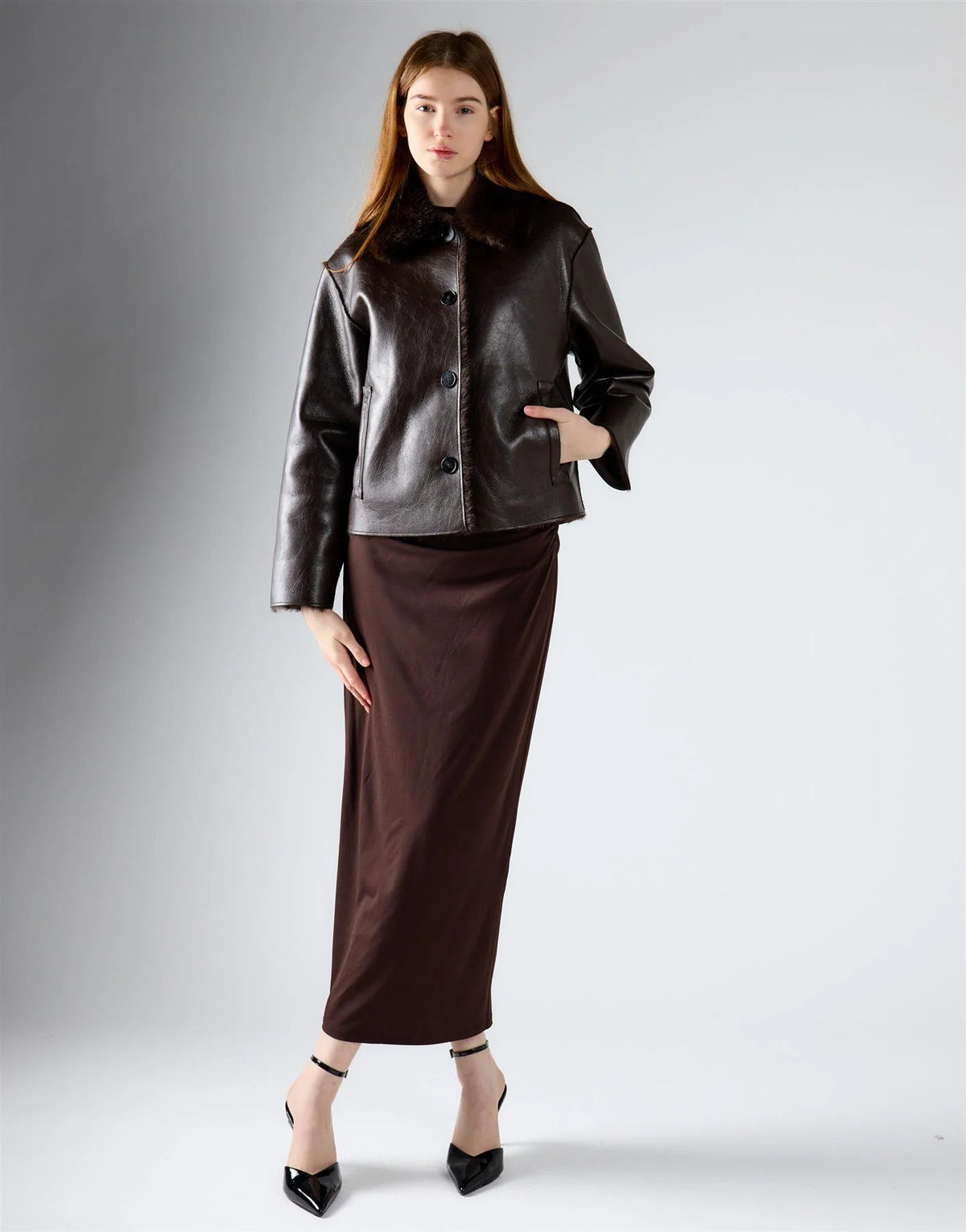 GIUBBINO DONNA IN ECOPELLE CON COLLO  MARRONE SCURO  GLAMOROUS KA7737 DEEP BROWN GLAMOROUS 