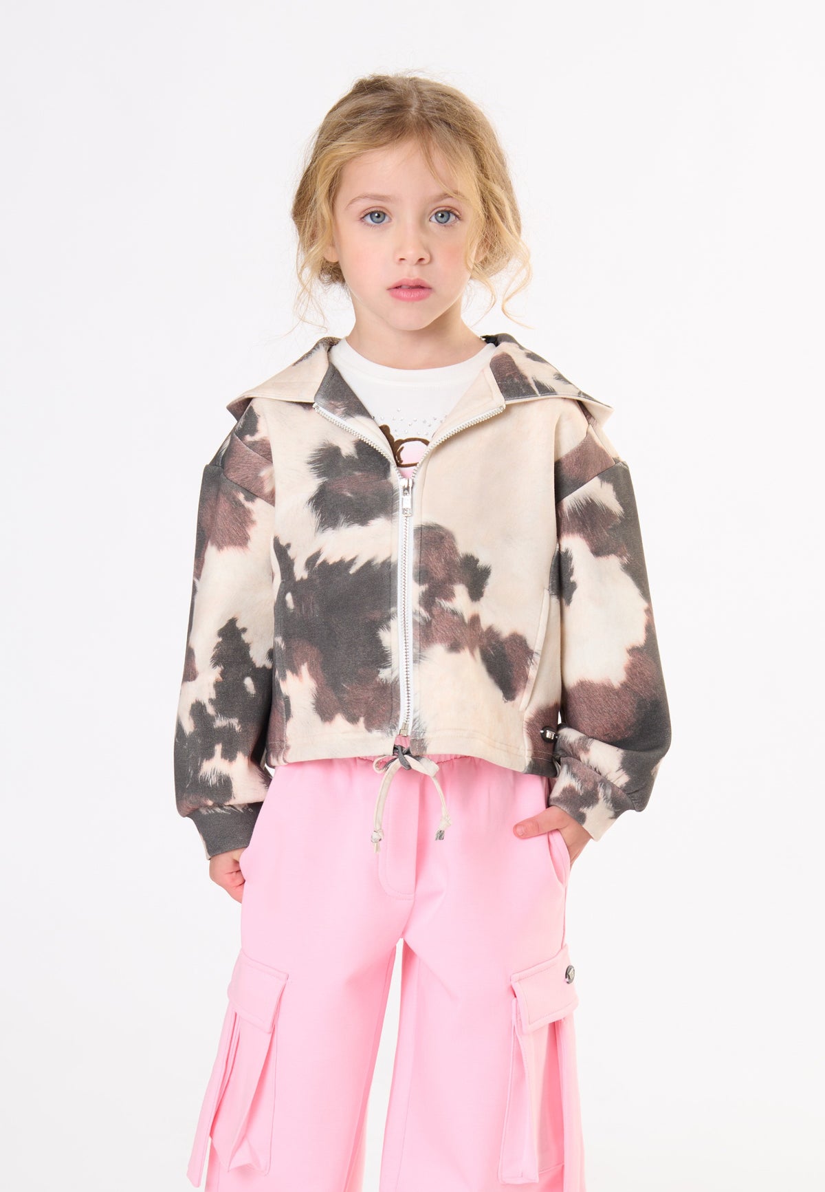 FELPA BAMBINA CON ZIP E CAPPUCCIO EFFETTO MUCCA  TO BE TOO<BR/> TB2100W UNICO TO BE TOO 