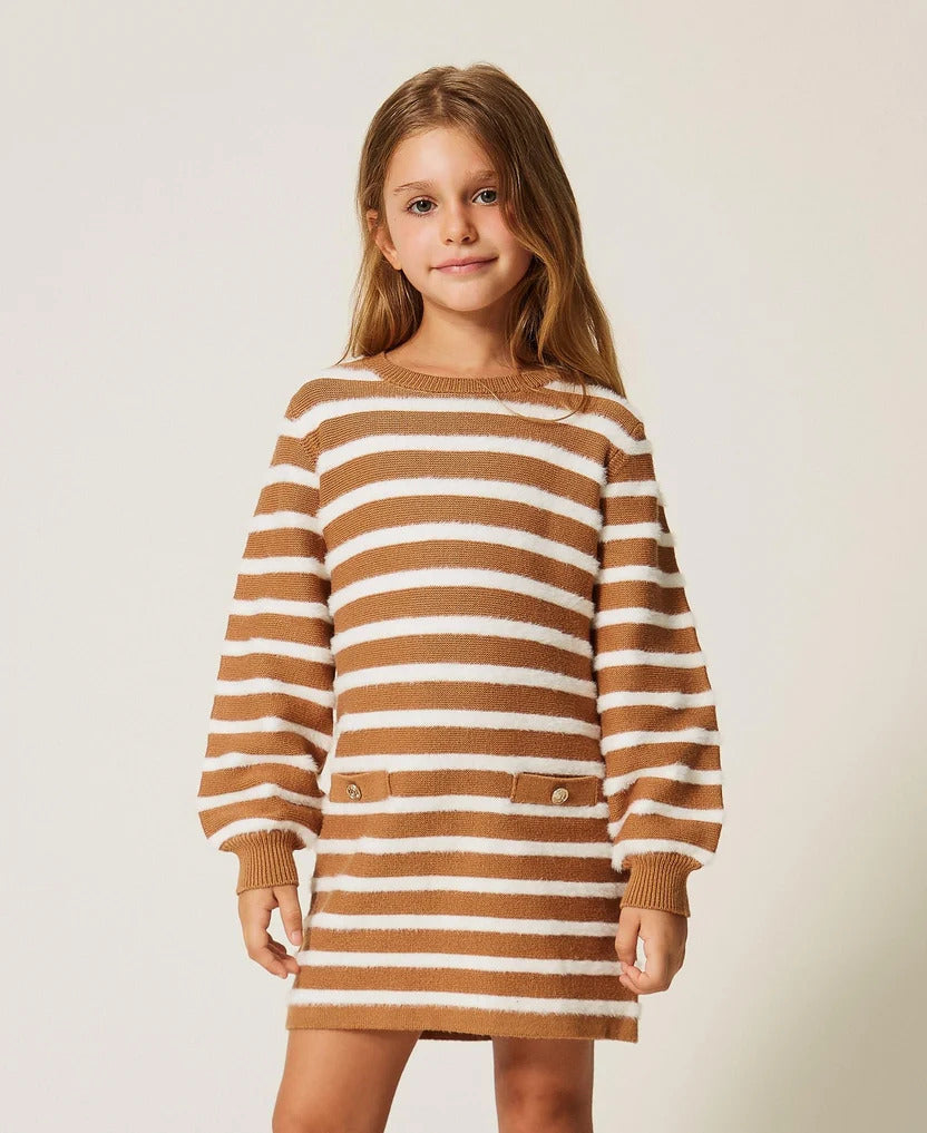 abito bambina corto in maglia a righe iced coffe- neve twinset 262GB3071 ICED COFFE TWINSET KIDS 