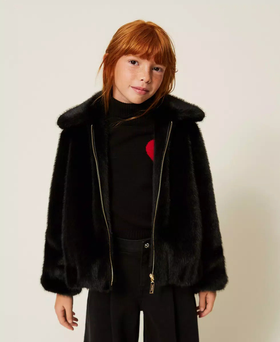 BOMBER BAMBINA IN FAUX FUR NERO TWINSET 262GJ2040 NERO TWINSET KIDS 