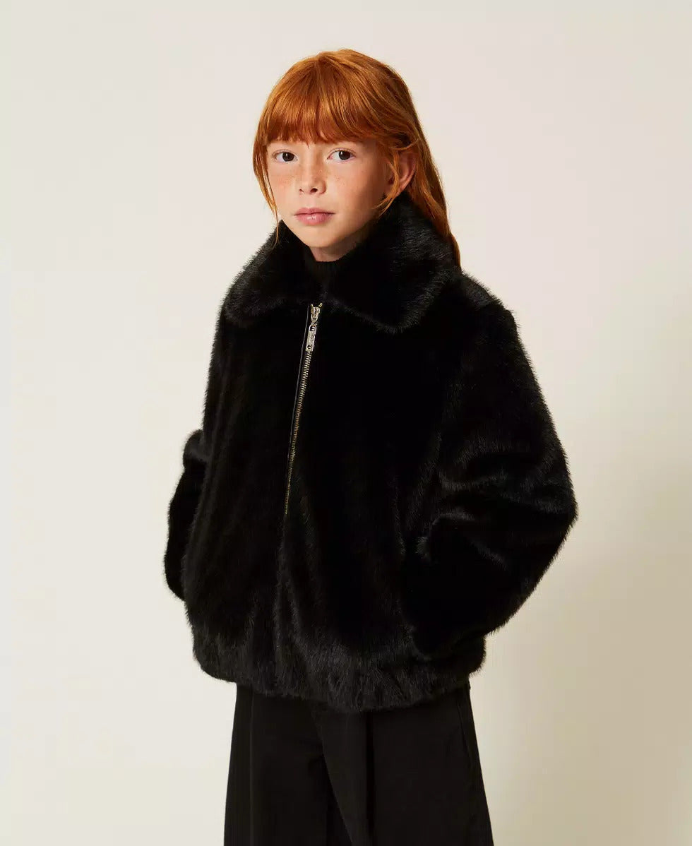 BOMBER BAMBINA IN FAUX FUR NERO TWINSET 262GJ2040 NERO TWINSET KIDS 