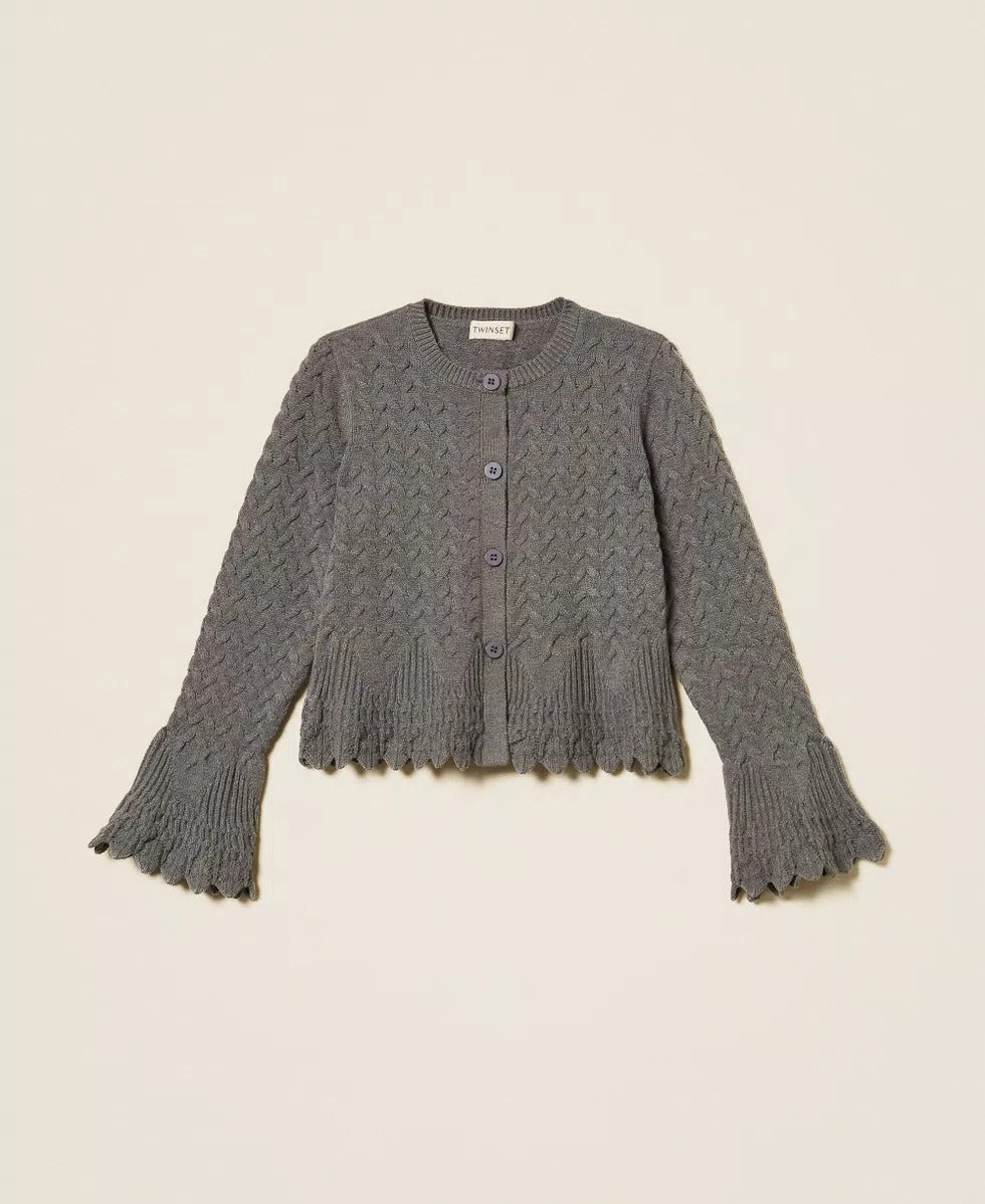 CARDIGAN BAMBINA IN MAGLIA A TRECCE GRIGIO SCURO TWINSET 262GJ3141 GRIGIO SCURO TWINSET KIDS 