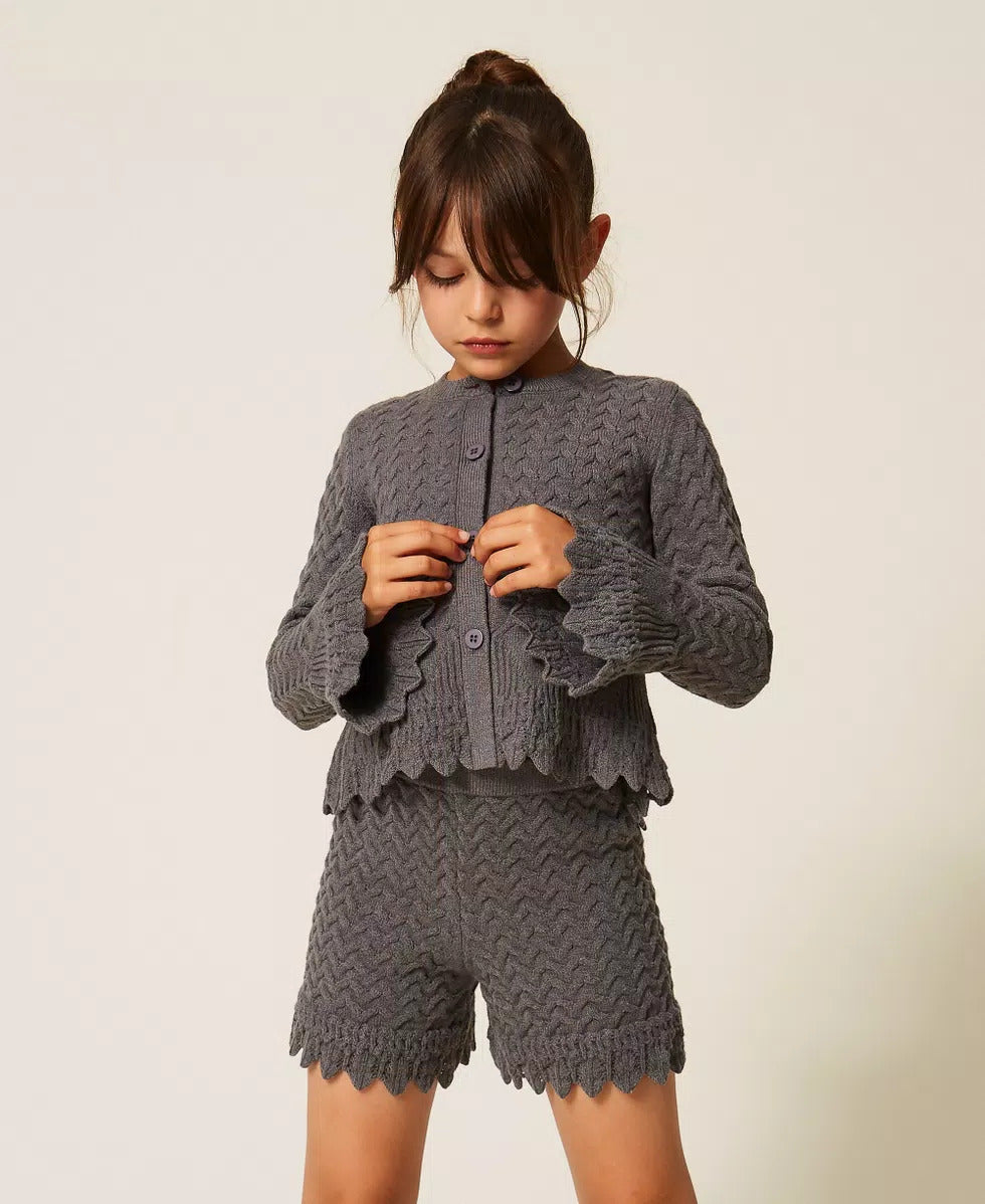 CARDIGAN BAMBINA IN MAGLIA A TRECCE GRIGIO SCURO TWINSET 262GJ3141 GRIGIO SCURO TWINSET KIDS 