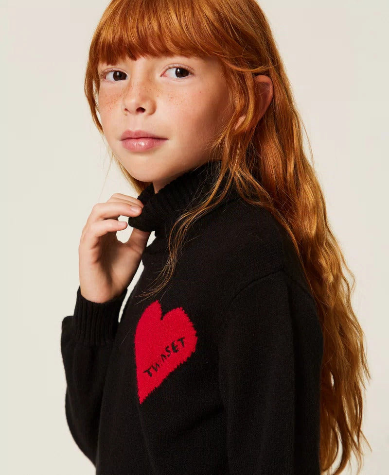 MAGLIA BAMBINA A LUPETTO CON CUORE E LOGO NERO TWINSET 262GJ3040 NERO TWINSET KIDS 