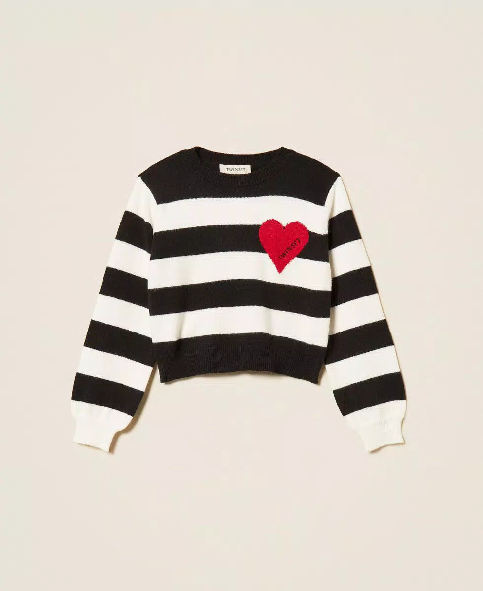 MAGLIA BAMBINA A RIGHE CON CUORE E LOGO BIANCO E NERO TWINSET 262GJ3042 BIANCO -NERO TWINSET KIDS 