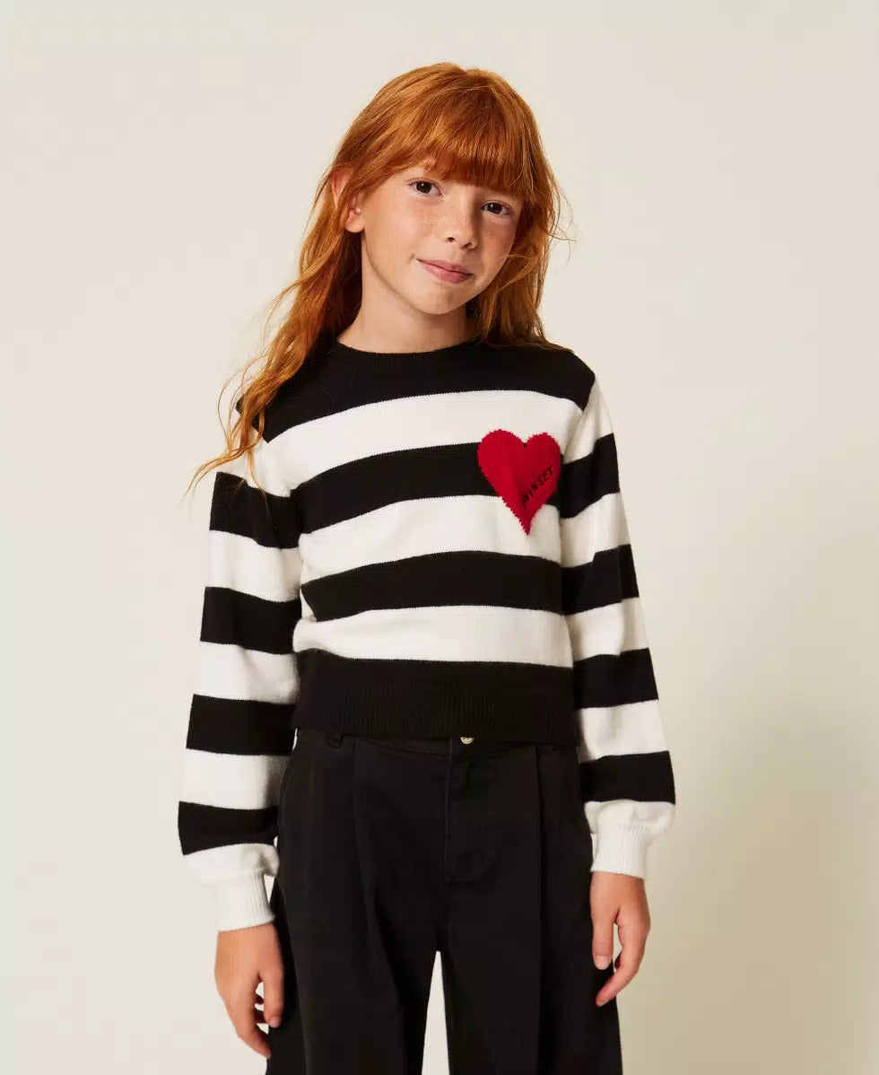 MAGLIA BAMBINA A RIGHE CON CUORE E LOGO BIANCO E NERO TWINSET 262GJ3042 BIANCO -NERO TWINSET KIDS 