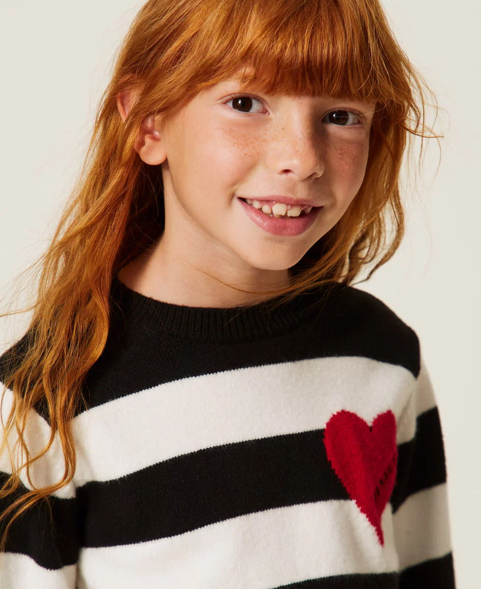 MAGLIA BAMBINA A RIGHE CON CUORE E LOGO BIANCO E NERO TWINSET 262GJ3042 BIANCO -NERO TWINSET KIDS 
