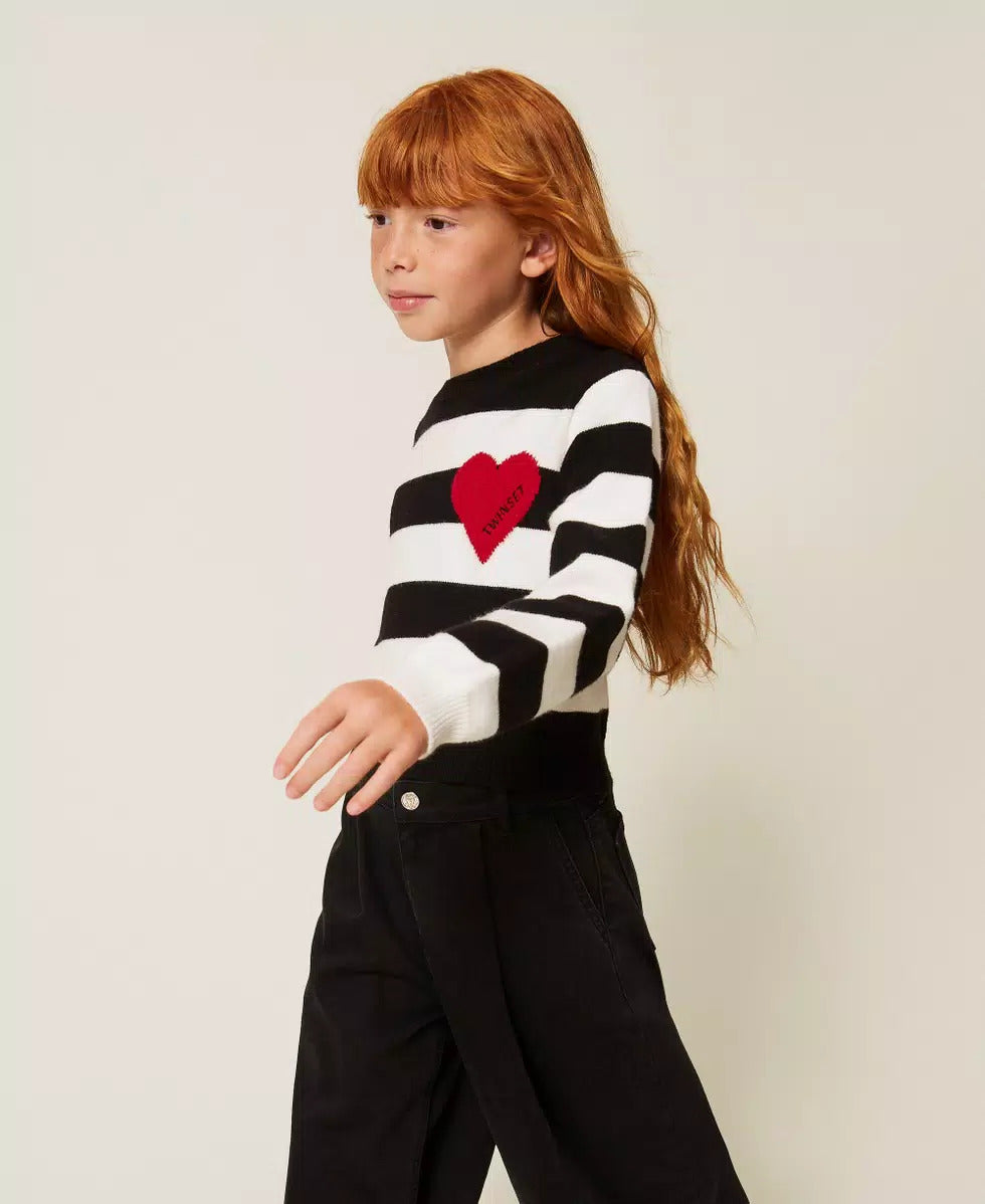 MAGLIA BAMBINA A RIGHE CON CUORE E LOGO BIANCO E NERO TWINSET 262GJ3042 BIANCO -NERO TWINSET KIDS 
