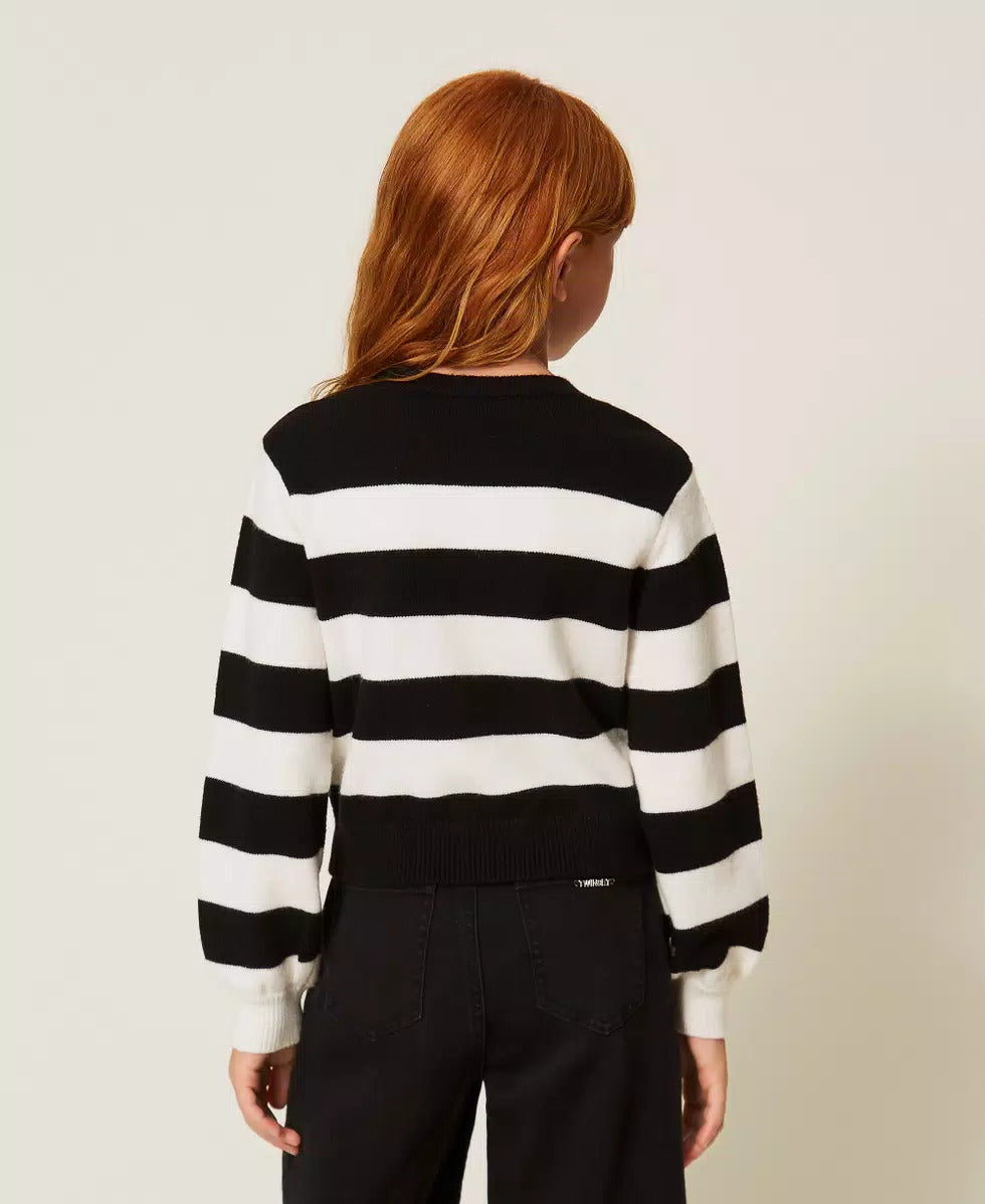 MAGLIA BAMBINA A RIGHE CON CUORE E LOGO BIANCO E NERO TWINSET 262GJ3042 BIANCO -NERO TWINSET KIDS 
