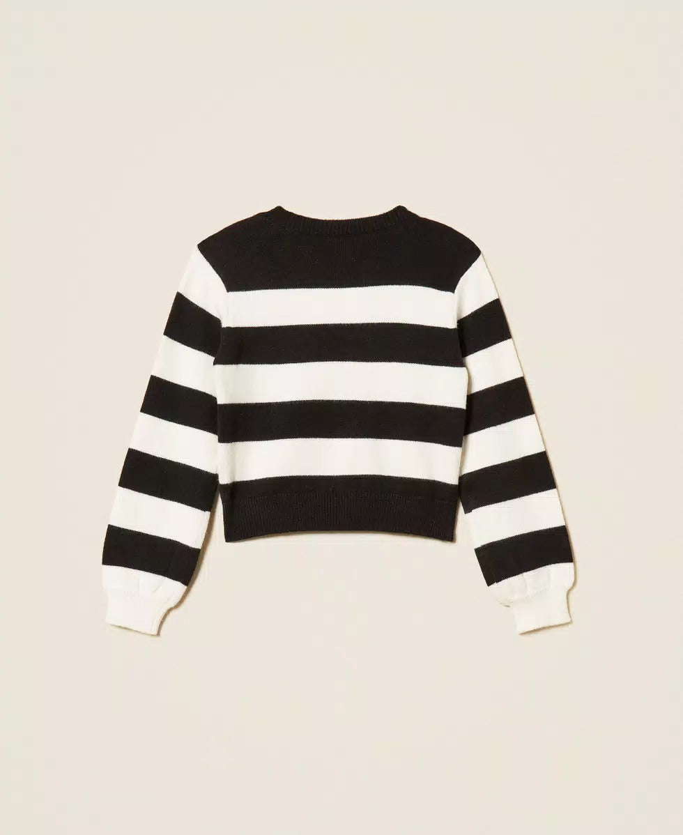 MAGLIA BAMBINA A RIGHE CON CUORE E LOGO BIANCO E NERO TWINSET 262GJ3042 BIANCO -NERO TWINSET KIDS 