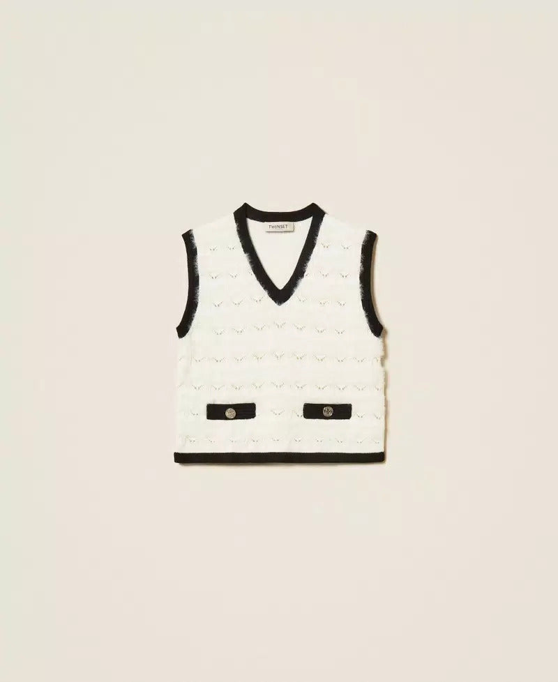 GILET BAMBINA IN MAGLIA CON BOTTONI NEVE-NERO TWINSET 262GJ3093 NEVE/NERO TWINSET KIDS 