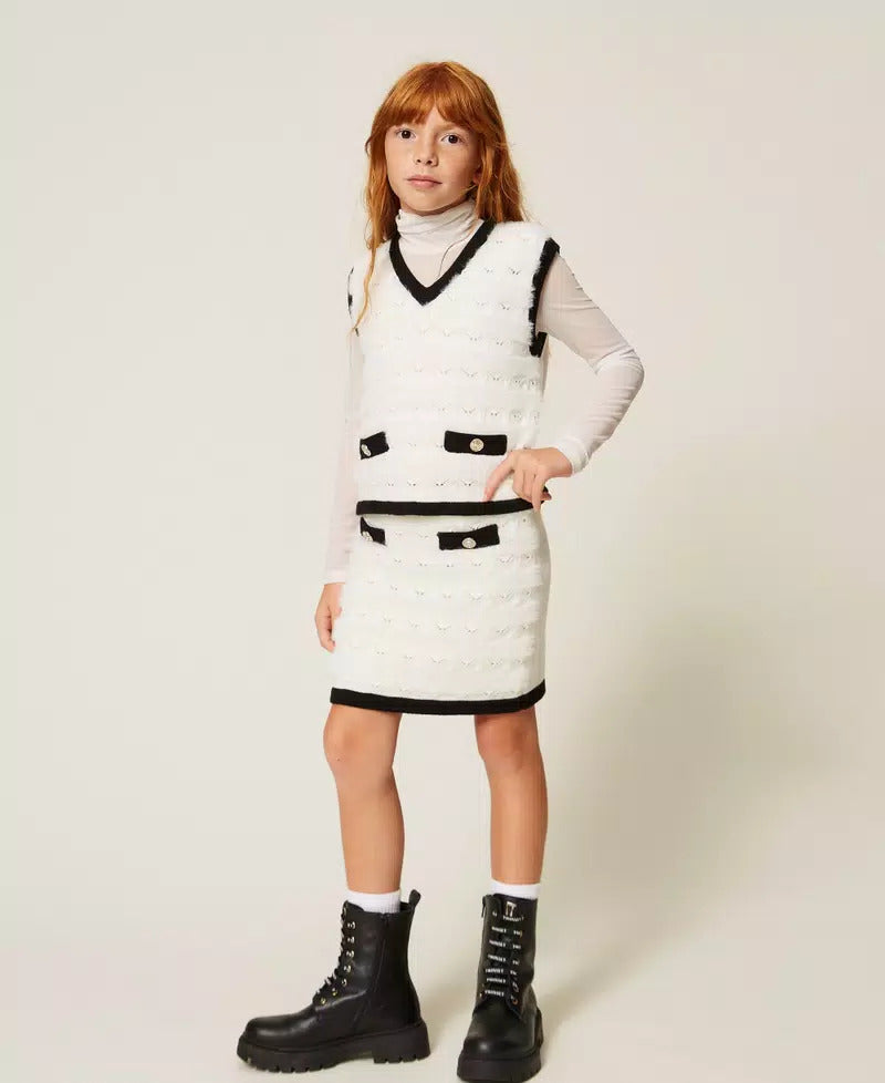 GILET BAMBINA IN MAGLIA CON BOTTONI NEVE-NERO TWINSET 262GJ3093 NEVE/NERO TWINSET KIDS 