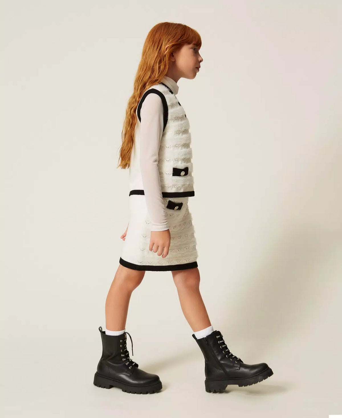 GILET BAMBINA IN MAGLIA CON BOTTONI NEVE-NERO TWINSET 262GJ3093 NEVE/NERO TWINSET KIDS 