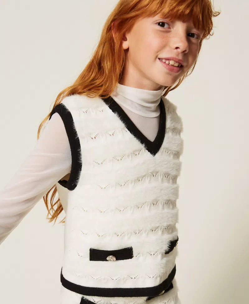 GILET BAMBINA IN MAGLIA CON BOTTONI NEVE-NERO TWINSET 262GJ3093 NEVE/NERO TWINSET KIDS 