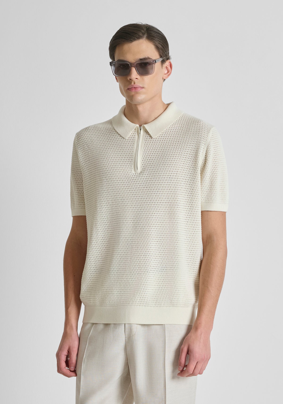 POLO UOMO IN MAGLIA TRAFORATA CON ZIP AVORIO ANTONY MORATO MMSW01590 YA200082 AVORIO ANTONY MORATO 
