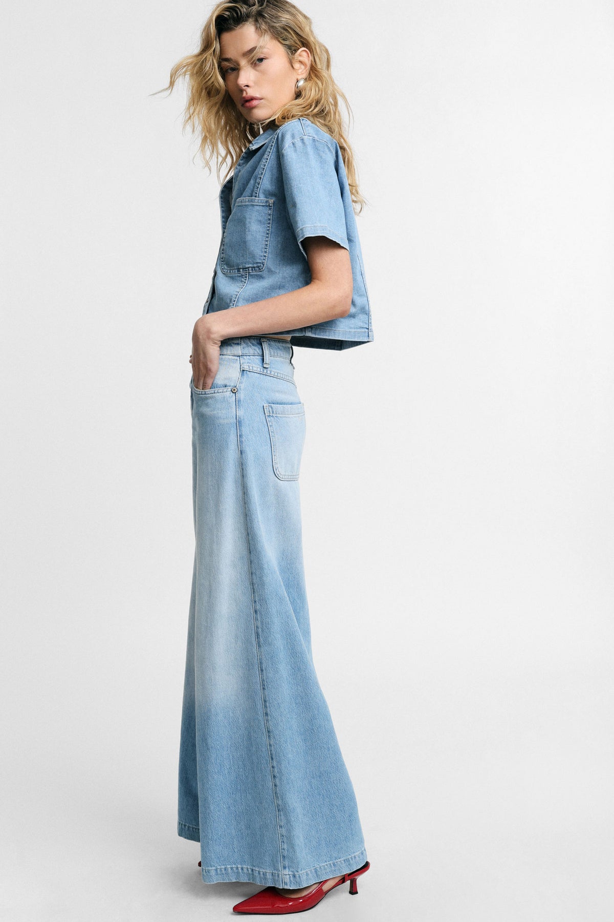 jeans donna a gamba ampia a vita alta denim please P3J9CQZPHN BLU DENIM PLEASE 