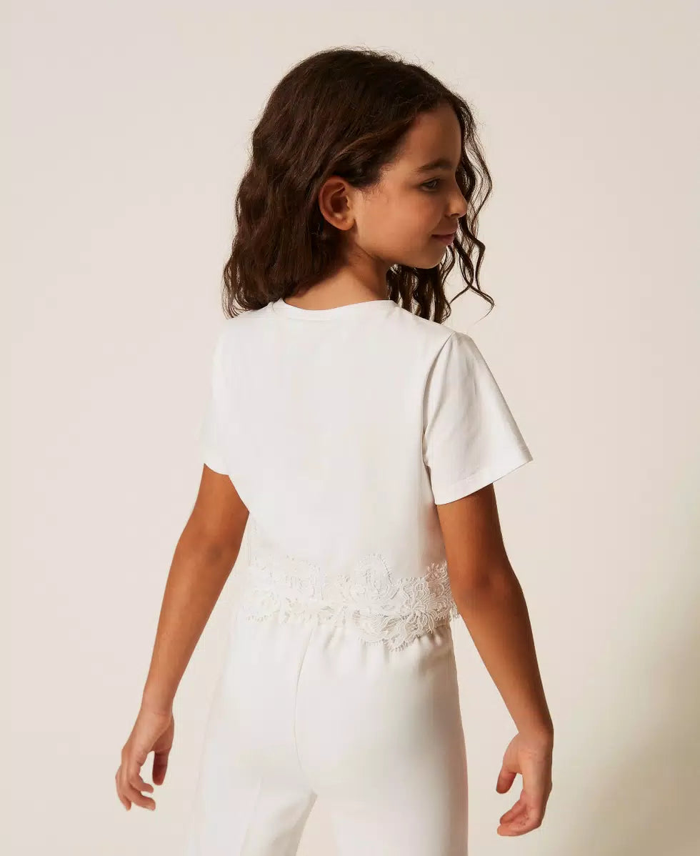 T-SHIRT BAMBINA CON PIZZO E LOGO BIANCO TWINSET 261GJ2090 BIANCO TWINSET KIDS 