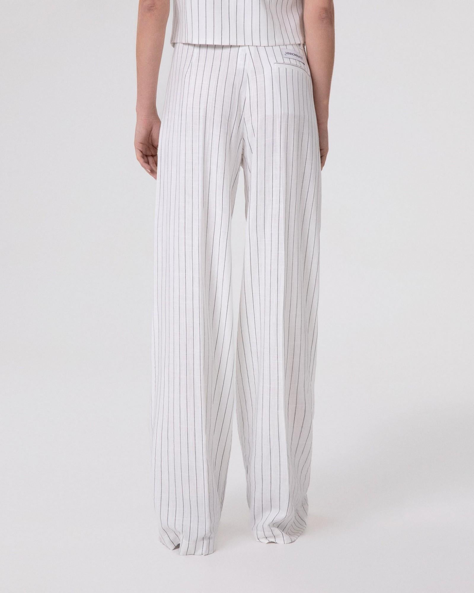 pantalone donna palazzo con pences in lino gessato bianco hinnominate HMABW02655 BIANCO HINNOMINATE 